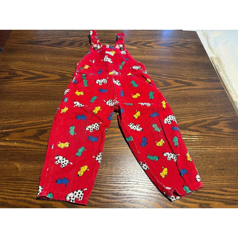 Vintage 90s Carters Red Corduroy Dog Print Overalls Kids 2T Dalmatian Bibs